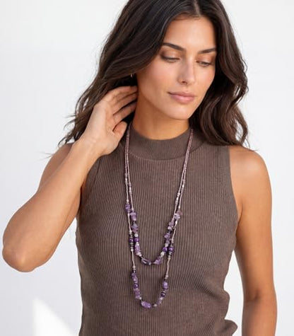 Noessla Boho Long Beaded Necklaces for Women Double Layer Chunky Irregular Stone Beads Strand Statement Jewelry Mothers Day Gifts - color: Amethyst