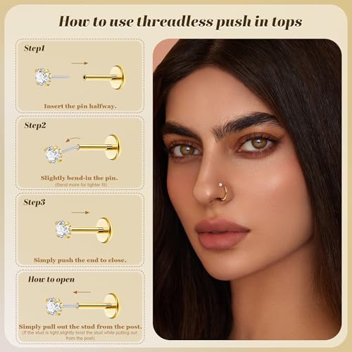 REVOLIA 12Pcs 20G Nose Ring Set 316L Stainless Steel Nose Rings Hoop for Women CZ L Shaped Studs Dangle Heart Butterfly Screw Nose Studs Cute Threadless Flat Back Nose Piercings Jewelry - color: Gold
