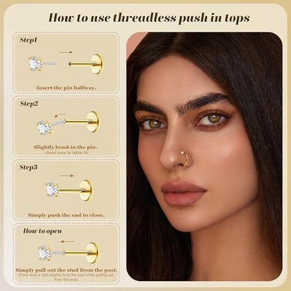 REVOLIA 12Pcs 20G Nose Ring Set 316L Stainless Steel Nose Rings Hoop for Women CZ L Shaped Studs Dangle Heart Butterfly Screw Nose Studs Cute Threadless Flat Back Nose Piercings Jewelry - color: Gold