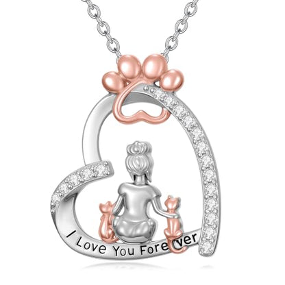 925 Sterling Silver Animal Necklace Heart Shape Dog/Rabbit/Cat Pendant Necklace for Women Animal Memorial Charm Jewelry Mother's Day Christmas Gifts - color: Cat and Women