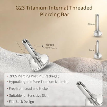 limerencia 16G/18G Hypoallergenic Internal Threaded Titanium Bar Post Replacement,Flat Back Stud Earrings Post Medusa Helix Couch Labret Bar for Women Men Sensitive Ears(A Pair) - color: silver heart, size: 18G-6mm