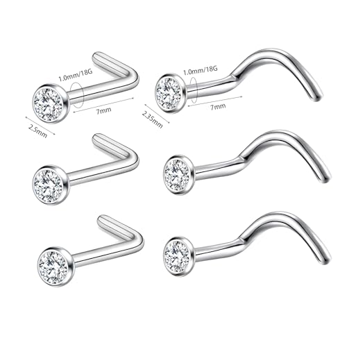 BelezaDosas 6pcs G23 Titanium Nose Studs 18G 20G Screw Nose Ring Press Fit 2mm 2.5mm 3mm Piercing Jewelry for Sensitive Skin - style: 18G/2.35mm