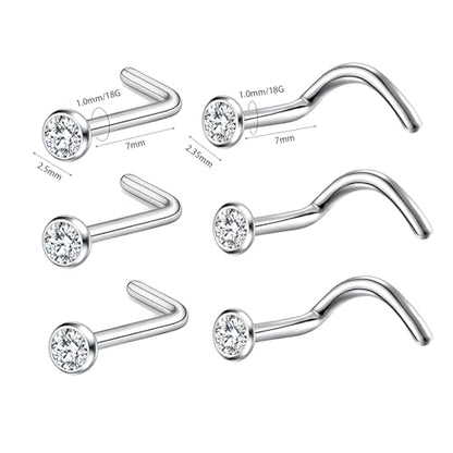 BelezaDosas 6pcs G23 Titanium Nose Studs 18G 20G Screw Nose Ring Press Fit 2mm 2.5mm 3mm Piercing Jewelry for Sensitive Skin - style: 18G/2.35mm