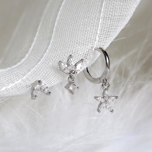 Sterling Silver Earrings Stacks for Women, Hypoallergenic Cartilage Earring | Dainty Stud Huggie Hoop Dangle Chain Earrings, 14K Gold/White Gold Plated - color: 3Pairs-Flower CZ Set-Silver
