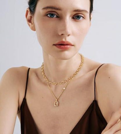 Aobei Pearl 18K Gold Plated Paperclip Chain Choker Satellite Chain Freshwater Cultured Biwa Pearl Pendant Necklace Dainty Turquoise Jewelry for Women - color: 18K Gold Plated Double-loop Oval Chain
