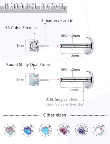 16G 18G 20G Threadless Flat Back Nose Ring Studs Earrings 316L Surgical Steel Tragus Helix Cartilage Earrings Medusa Labret Lip Rings Piercing Jewelry For Women Men Opal CZ 2mm 3mm - style: 16G-8MM Length-Top 3mm