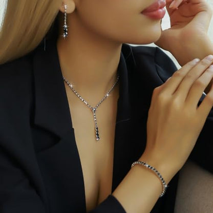 Gold Jewelry Set for Prom,Pearl Necklace Earrings Bracelet Crystal Bridal Wedding Prom Dresses Costume Jewelry Accessories Rhinestone Bridal Jewelry Set for Women - color: Black