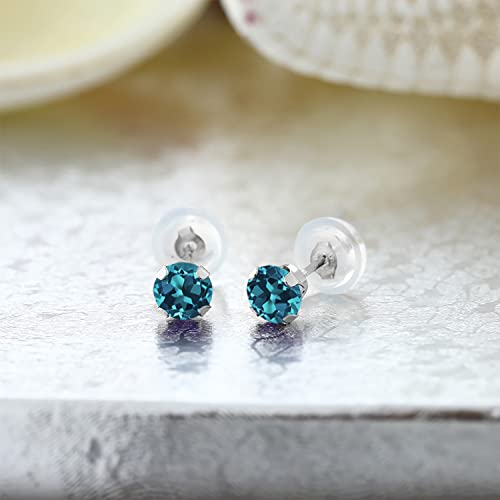Gem Stone King 14K Gold Gemstone Birthstone Stud Earrings For Women Men | 4MM Round Cut | Solitaire Gold Studs with Secure Backs | Fine Jewelry for Her Him Mom Dad Wife - color: London Blue Topaz-November