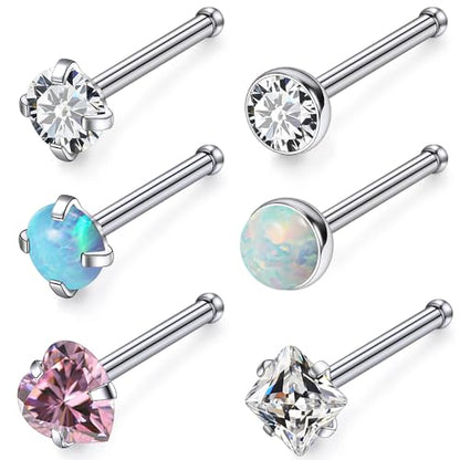 6 Pcs 18G 20G Surgical Steel Nose Rings Studs for Women Opal Nose Rings Diamond CZ Nose Studs L Shaped Nose Nostril Piercing Jewelry Hypoallergenic - style: 18G,Straight