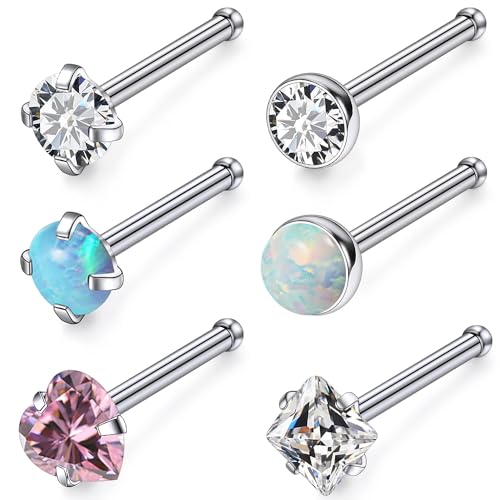 6 Pcs 18G 20G Surgical Steel Nose Rings Studs for Women Opal Nose Rings Diamond CZ Nose Studs L Shaped Nose Nostril Piercing Jewelry Hypoallergenic - style: 20G,Straight