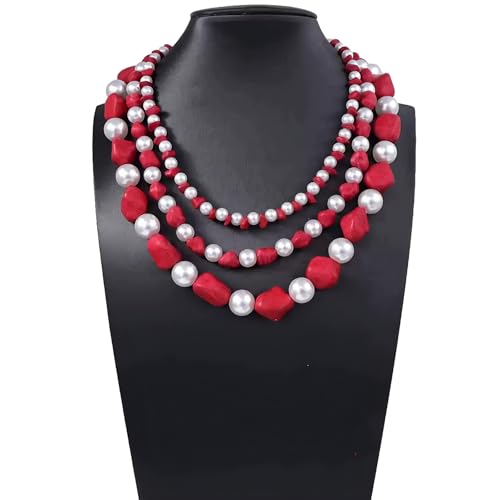 JNF Faux Pearl Statement Necklaces Big Beaded Necklace for Women Chunky Pearls Necklace and Earring Set Large beads Costume Necklace - color: red turquoise neck