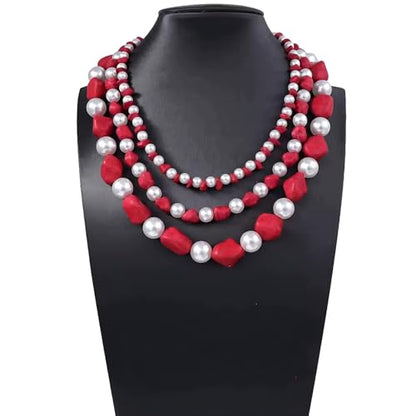 JNF Faux Pearl Statement Necklaces Big Beaded Necklace for Women Chunky Pearls Necklace and Earring Set Large beads Costume Necklace - color: red turquoise neck