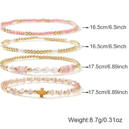 Gold Beaded Bracelets Stack for Women Stackable 14K Gold Plated Beads Ball Cross Bracelet Boho Christian Jewelry Faith Friendship Birthday Gifts for Women - color: Pink Crystal