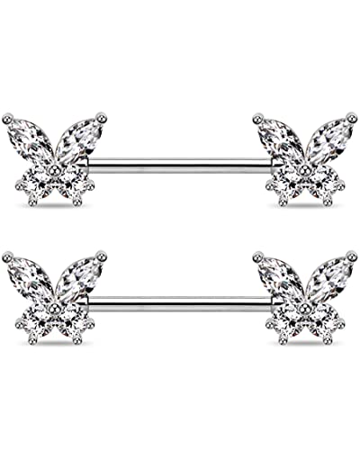 Butterfly Nipple Rings for Women 14G Nipple Piercing Jewelry Gold Nipple Ring Surgical Steel Nipple Shield CZ Nipple Barbell Body Piercing Jewelry for Women - color: Silver