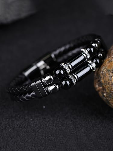 Mens Leather Turquoise/Tiger Eye/Obsidian/Lava Stone Bracelet–Braided Multi‑Layer Wristband Cuff Bangle Barcelet–Jewelry Box and Pouch Packing - color: Obsidian Stone, size: 8.3in(Fits most wrists)