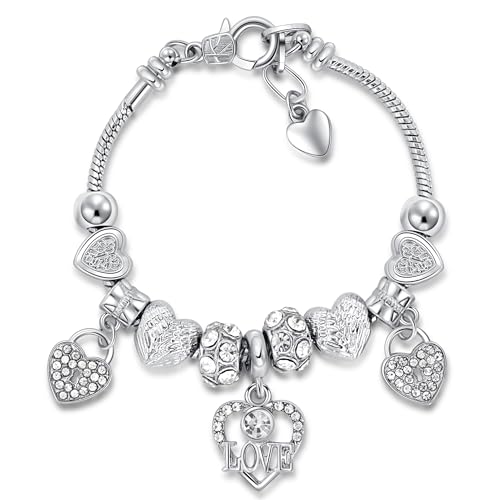 Silver Cross Heart Glass Bead Snake Charm Bracelet Jewelry Gifts for Women | Elegant Bracelet with Heart Beads, Silver Cross and Snake Chain Design, Stylish Daily Jewelry, Ideal Birthday Gift for Ladies