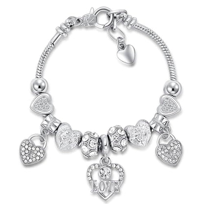 Silver Cross Heart Glass Bead Snake Charm Bracelet Jewelry Gifts for Women | Elegant Bracelet with Heart Beads, Silver Cross and Snake Chain Design, Stylish Daily Jewelry, Ideal Birthday Gift for Ladies