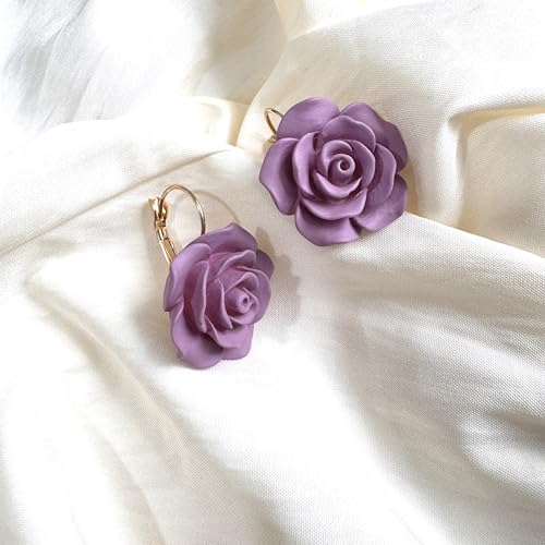 Handmade Bohemian Aesthetic Dainty Acrylic Flower Petal Leverback Earrings Sparkly 14K Gold Floral Dangle Drop Earrings for Women - color: Dark Purple