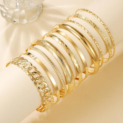 Gold Bangles for Women, 12 Pcs Boho Stackable Bracelets Multi Layer Textured Chunky Bracelets Jewelry Set for Women - color: Style E- 10 pcs gold