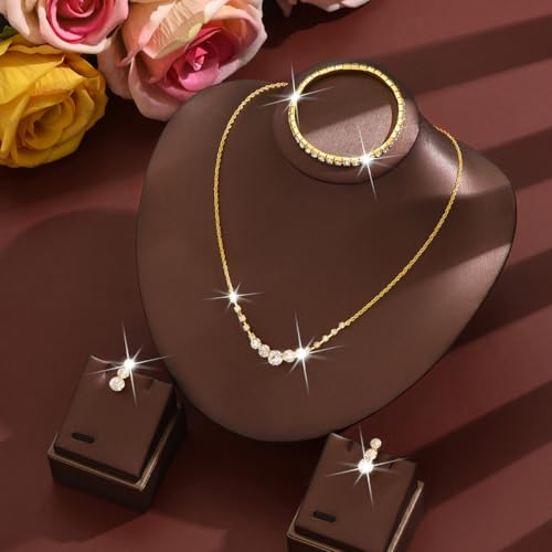 Silver Wedding Prom Jewelry Sets Sparkling Crystal Chain Necklace Earrings Bracelet Set Rhinestone Wedding Set Formal Prom Costume Jewelry Sets for Women and Brides - color: Gold