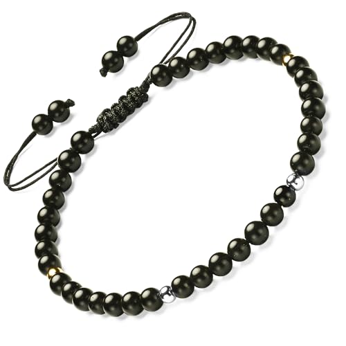 Natural Stone&925 Sterling Silver/18K Gold Anklet,│4MM│9-12 in│, Hand Woven, Adjustable Size - color: 925 Sterling Silver&Black Tourmaline,4MM