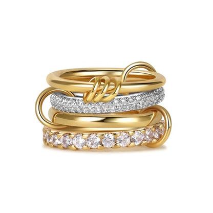 18K Gold-Plated Interlocked Ring for Women, Non Tarnish CZ Band | Interlocked inseparable one-piece ring for women. Triple & quadruple linked styles, non-tarnish CZ jewelry for daily wear - color: Gold Sliver