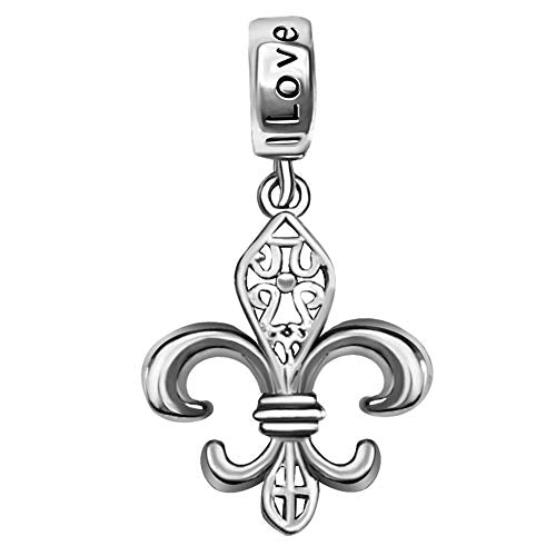 Fleur De Lis Flower Charm Dangle Birthstone Womens Beads Charm for Bracelets Father Daughter Mother Son Wife Jewelry - color: Silver Plated