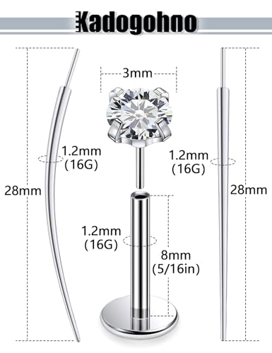 F136 Titanium 20/18/16g Internally Threaded Medusa Monroe Lip Ashley Labret Nose Rings Flat Back Tragus Helix Cartilage Conch Screw Stud Earrings Surgical Steel Piercing Jewelry for Women - color: White CZ, size: 16g*5/16in