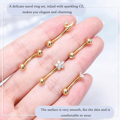 5Pcs 14G 316L Stainless Steel Small Belly Button Ring for Women Petite Navel Rings Tiny Hypoallergenic Belly Ring Cubic Zirconia Simple Belly Piercing Jewelry 6/8/10/12MM - color: Gold, size: G-10MM