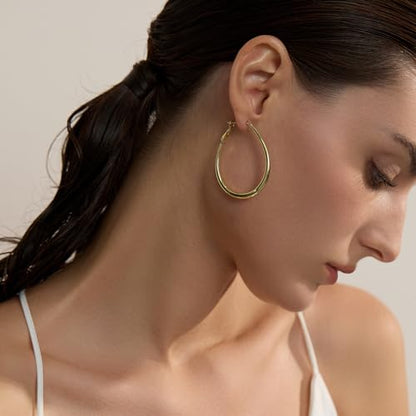 Lightweight Oval Hoop Earrings for Women - 14K Gold Plated, Rose Gold Plated and Sterling Silver Plated Large Oblong Hoop Earrings for Women Statement Jewelry Gift - color: gold