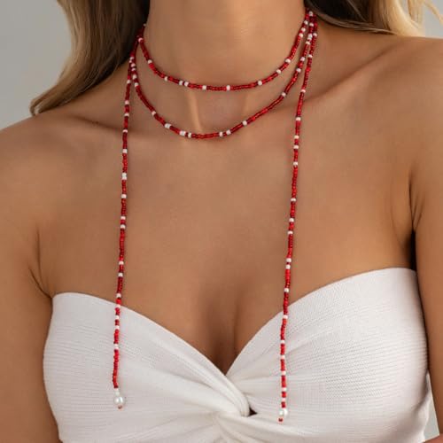 GYRMMUE Colorful Seed Bead Lariat Necklace for Women Boho Y Drop Beaded Choker Adjustable Multi Strand Wrap Necklaces Dainty Long Tassel Rice Bead Necklaces Everyday Party Jewelry - color: Red1