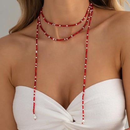 GYRMMUE Colorful Seed Bead Lariat Necklace for Women Boho Y Drop Beaded Choker Adjustable Multi Strand Wrap Necklaces Dainty Long Tassel Rice Bead Necklaces Everyday Party Jewelry - color: Red1