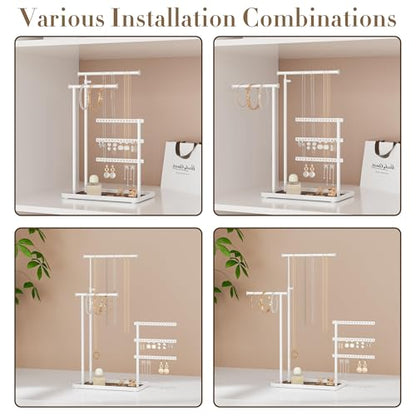 susswiff Jewelry Holder Organizer Stand - Adjustable Tall 17.5" (Max), Sturdy Jewelry Hanger for Necklaces, Earrings, Bracelets, Rings, Jewlery Display and Storage, White, Metal - color: White