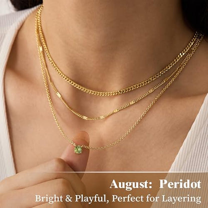 WomenGifts Layered Gold Necklaces for Women, 14K Gold Sterling Silver Plated Dainty Pendant Necklace Set Non Tarnish, Chunky Stackable Cuban Chain Choker, Trendy Birthstone Vacation Jewelry Gift - color: Gold, style: Cubic Zirconia-Created Peridot-Aug