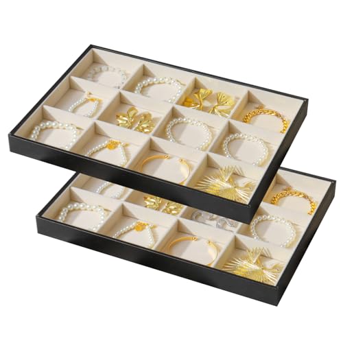 Large Jewelry Organizer Tray for Drawer Inserts 2 Pack | Stackable Jewelry Storage PU Leather Velvet Jewellery Display Case for Earring Bracelet Necklace (Black Beige, 12 Grids) - color: Black Beige, size: 12 Grids