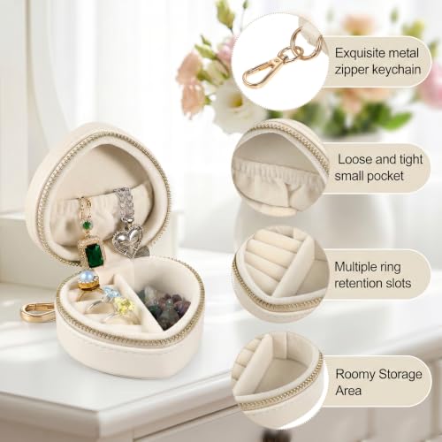 Small Travel Jewelry Case with Keychain Mini Jewelry Box for Rings Earrings Necklaces PU Leather Zipper Heart Jewelry Pouch for Women Travel Essentials White - color: white