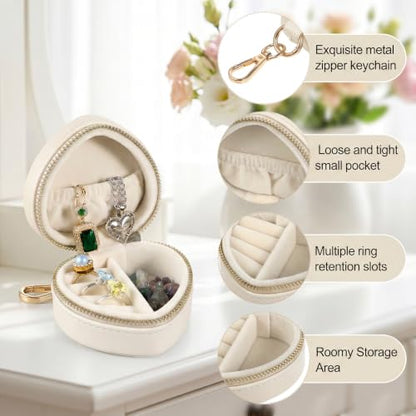 Small Travel Jewelry Case with Keychain Mini Jewelry Box for Rings Earrings Necklaces PU Leather Zipper Heart Jewelry Pouch for Women Travel Essentials White - color: white
