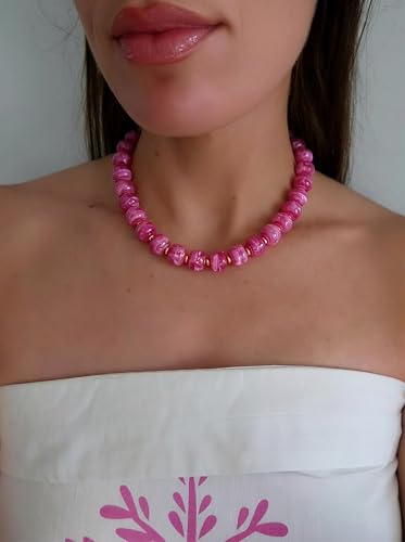 Chunky Beaded Necklace for Women, Colorful Boho Statement Necklace, Gold Chunky Resin Large Bead Necklace, Waterproof Summer Beach Jewelry Gifts for Women - color: Magenta