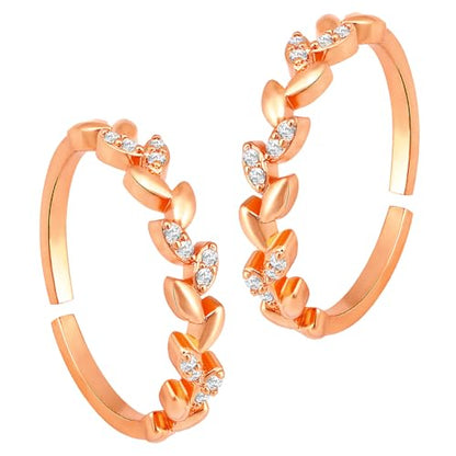 Aheli Cubic Zirconia Studded Leaf Style Adjustable Toe Ring Bichiya Fancy Jewellery for Women - color: Rose Gold