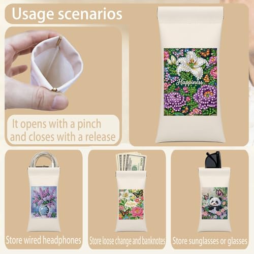 Diamond Art Painting Eye Glass Bag PU Sunglasses Glasses Storage Bag Built-in Glasses Cloth Press Automatic Closure - color: Flowers