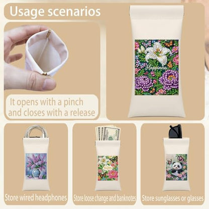 Diamond Art Painting Eye Glass Bag PU Sunglasses Glasses Storage Bag Built-in Glasses Cloth Press Automatic Closure - color: Flowers