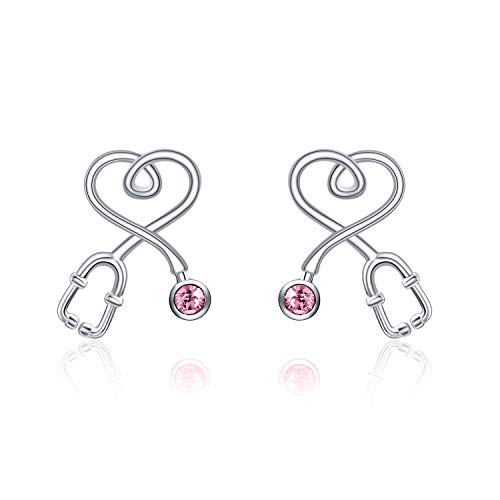 Stethoscope Earrings 925 Sterling Silver Heart Studs Earrings 12 Months Birthstone Crystals from Austria, Graduation Jewelry Gifts for Nurse Doctor RN Medical Student - color: Pink