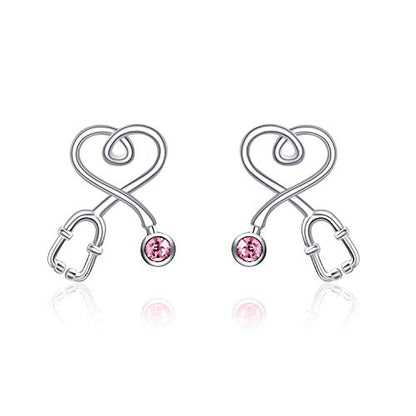Stethoscope Earrings 925 Sterling Silver Heart Studs Earrings 12 Months Birthstone Crystals from Austria, Graduation Jewelry Gifts for Nurse Doctor RN Medical Student - color: Pink