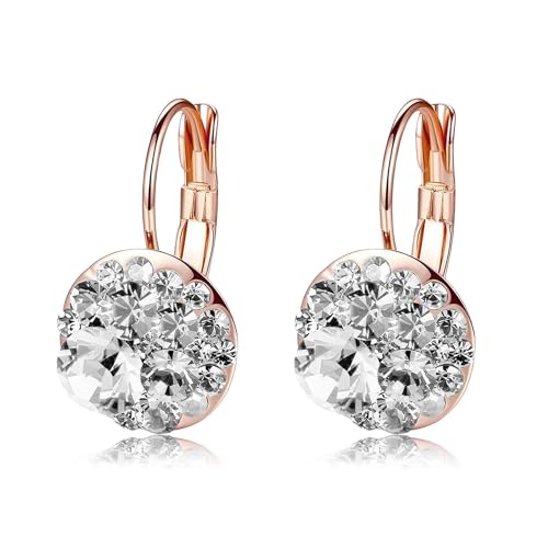 Multicolored Austrian Crystal Leverback Earrings for Women 14K Gold Plated Dangle Hoop Earrings Hypoallergenic Jewelry - color: Clear White /Rose Gold-tone