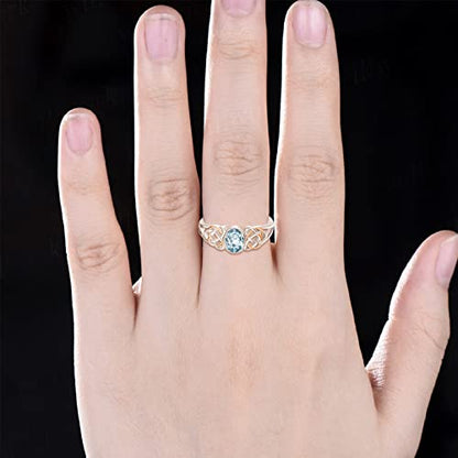 PRAYMOS 925 Sterling Silver Ring Birthstone Ring Turquoise Moss White Opal Ring for Women Celtic Knot Open Adjustable Thrumb Ring - color: Blue Aquamarine