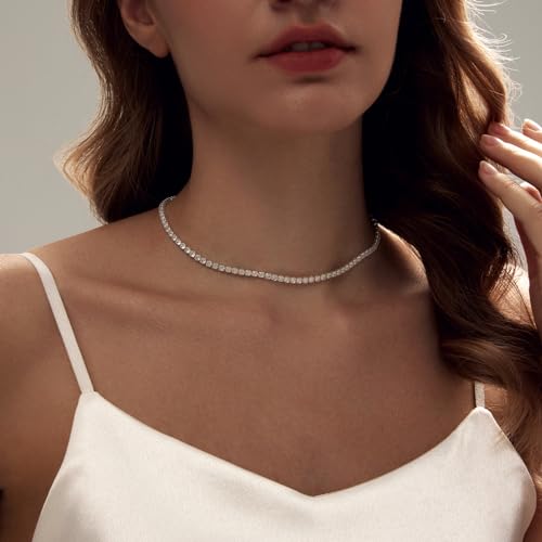 Luxval Tennis Necklace 14K Gold Plated Rhinestone Butterfly Choker Necklaces for women Dainty Zirconia Cut Faux Diamond chain 3mm - color: Silver-tennis-new version