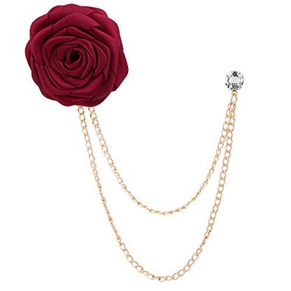 Fashion Bridegroom Wedding Brooches Cloth Art Hand-Made Rose Flower Brooch Lapel Pin Badge Tassel Chain Men's Suit Accessories - color: Red wine