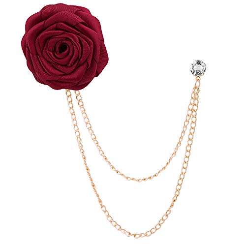 Fashion Bridegroom Wedding Brooches Cloth Art Hand-Made Rose Flower Brooch Lapel Pin Badge Tassel Chain Men's Suit Accessories - color: Red wine
