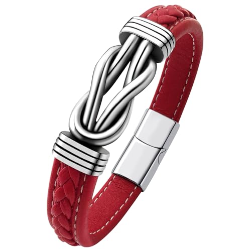 Mens Black Braided Leather Bracelet, Green/Red/Brown/Black Braided Leather Infinity Knot Bracelets for Men with Stainless Steel Clasp, 7.5/8.5/9in Length - color: 05-Red