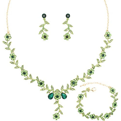 Flower Leaf Crystal Pendant Necklace Dangle Earrings Link Bracelet Bride Bridesmaid Jewelry Sets for Women Wedding Party - color: Emerald-Gold Plated